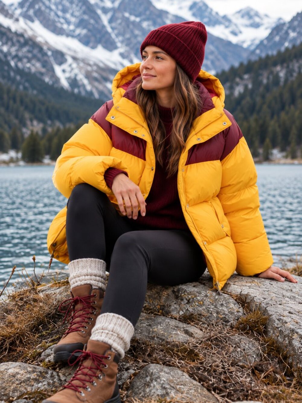 rag & bone Joelle Puffer Jacket Yellow Burgundy Colorblock Down Hooded